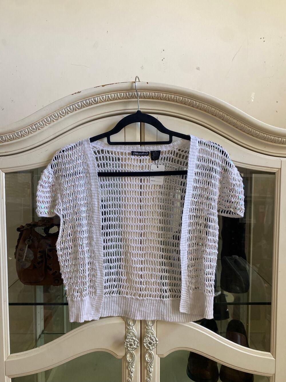 Y2K Mandee White Crochet Sequin Short Seeve Bolero Cardigan